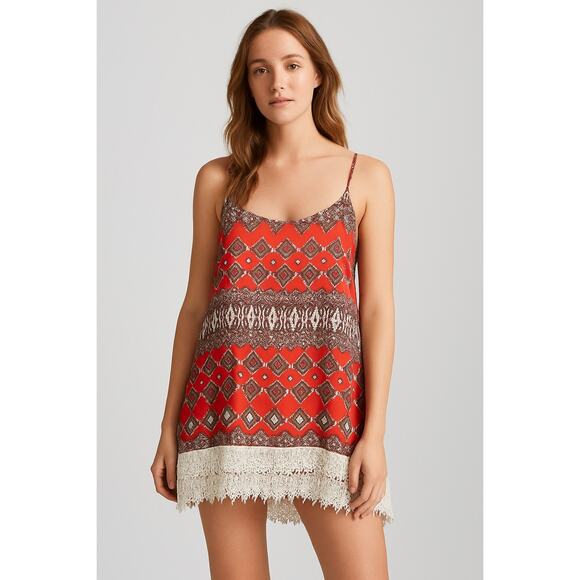 Show Me Your Mumu Red Print Lace Trim Slip Dress Size Small Boho Festival - Picture 1 of 6